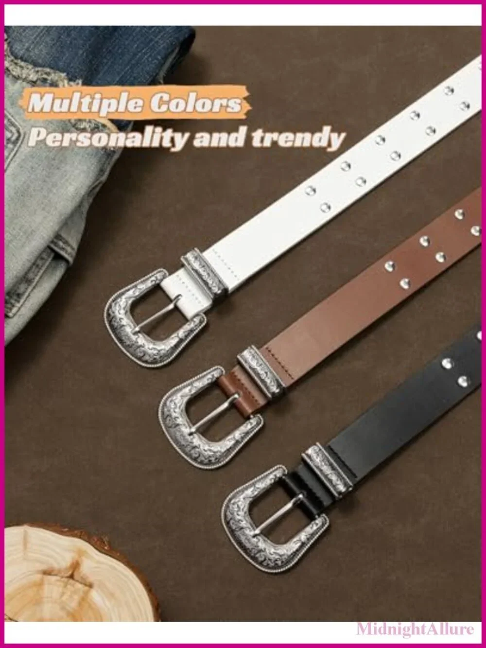 maikun Studded Belt Western Buckle Punk Rock Rivet Adjustable Fit